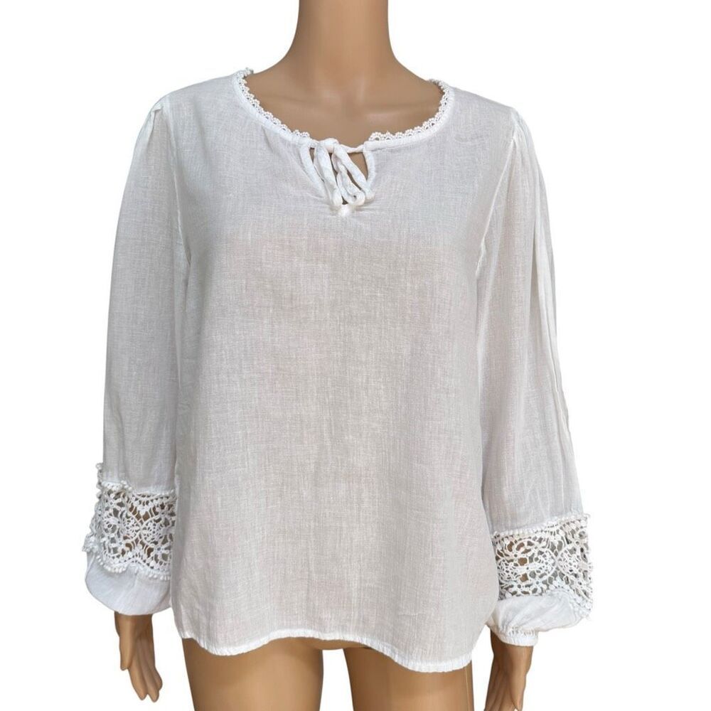 Lucky Brand 100% cotton Peasant Blouse Crochet Lace Trim Boho Tie neck Sz L